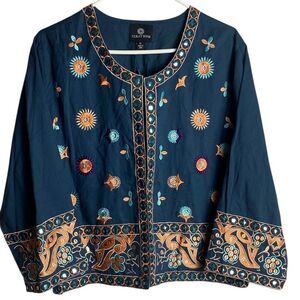 Curations Embroidered Boho Mirror Jacket Size XL Navy Blue Festival Folk Style N